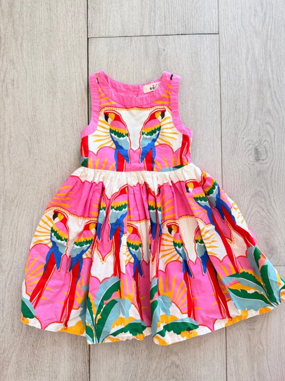 Mini Boden Girls Parrot Print Sleeveless Dress Pink Tropical